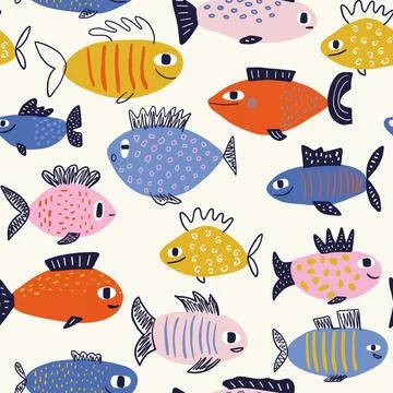 Vector hand-drawn colored childish seamless repeating simple flat pattern with Illustrazione stock