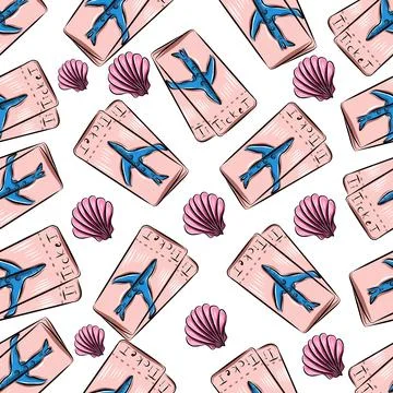 Vector hand drawn colored seamless pattern, two plane tickets, black line Stockillustratie