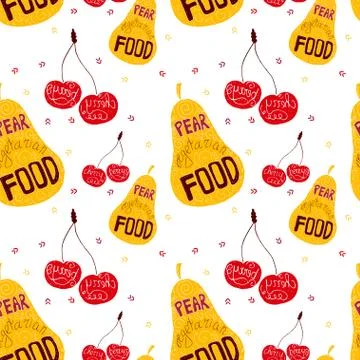 Vector hand drawn colorful fruit seamless pattern with pears, cherries Illustrazione stock
