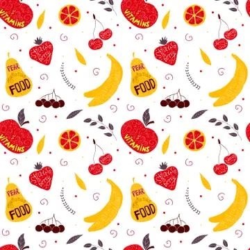 Vector hand drawn colorful fruit seamless pattern with pears, cherries Stock Illustration