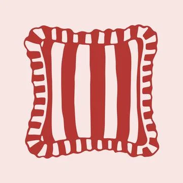 Vector hand drawn cushion with red and white vertical stripes and ruffled 库存插图
