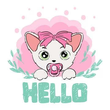 Vector hand drawn cute cat face saying Hello. Vector illustration with lettering Stock Illustration