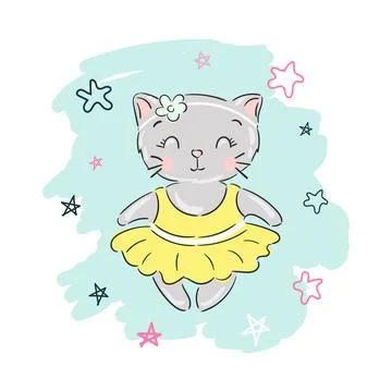 Vector hand drawn cute cat in yellow dress, kitten girl Illustrazione stock
