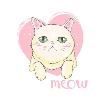 Vector hand drawn cute cat's face saying Hello. Isolated illustration with Stock Illustration