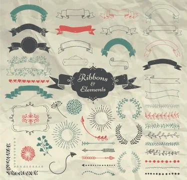 Vector Hand Drawn Design Elements and Ribbons Set 스톡 일러스트