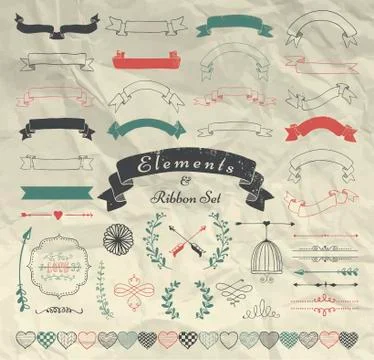 Vector Hand Drawn Design Elements and Ribbons Set Illustrazione stock