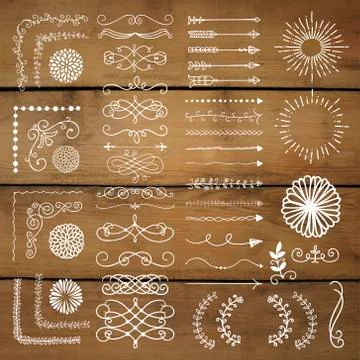 Vector Hand Drawn Design Elements on Wooden Texture Stock Illustration