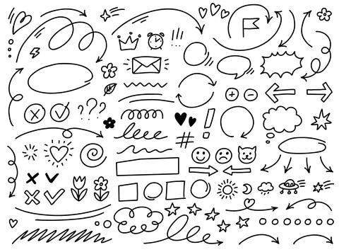 Vector hand drawn desing elements set. Thin arrows and simple line drawings.. Stock Illustration