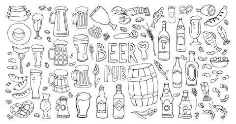 Vector Hand-drawn doodle beer pub elements mugs bottles snacks seafood on white Stock Illustration