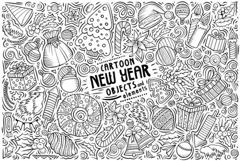 Vector hand drawn doodle cartoon set of New Year objects 스톡 일러스트