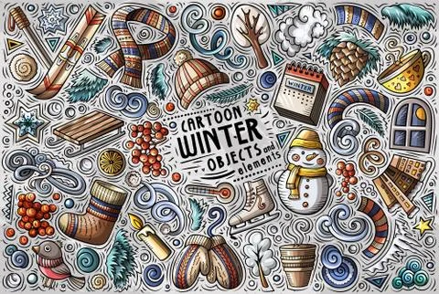 Vector hand drawn doodle cartoon set of Winter objects and symbols Stock Illustration