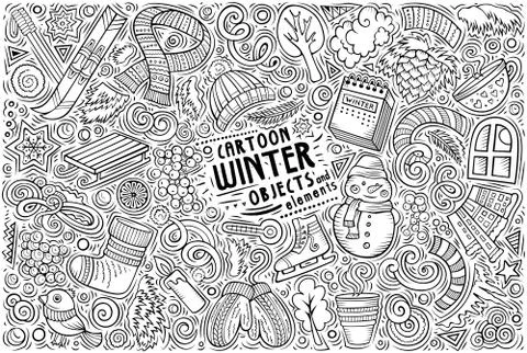 Vector hand drawn doodle cartoon set of Winter objects and symbols Stock Illustration