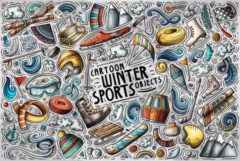 Vector hand drawn doodle cartoon set of Winter sports objects and symbols Stock Illustration