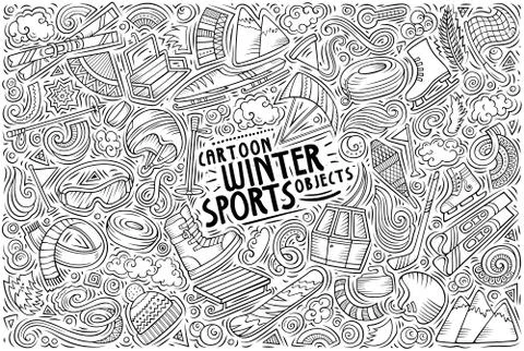Vector hand drawn doodle cartoon set of Winter sports objects and symbols Stock Illustration