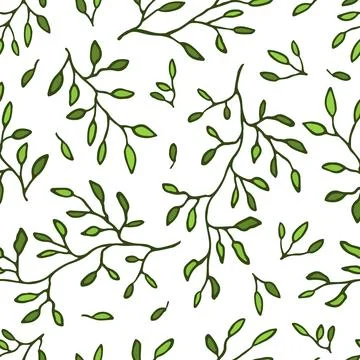 Vector hand drawn doodle green sprigs leaves seamless pattern. 스톡 일러스트