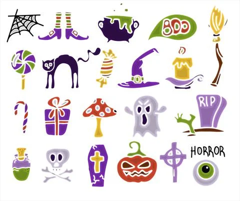 Vector hand drawn Doodle Halloween set Colorful cartoon cliparts, symbols Stock Illustration
