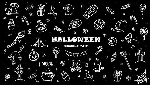Vector hand drawn Doodle Halloween set Colorful cartoon cliparts, symbols Stock Illustration