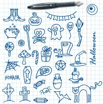 Vector hand drawn Doodle Halloween set Colorful cartoon cliparts, symbols Stock Illustration