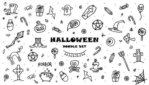 Vector hand drawn Doodle Halloween set Colorful cartoon cliparts, symbols Stock Illustration