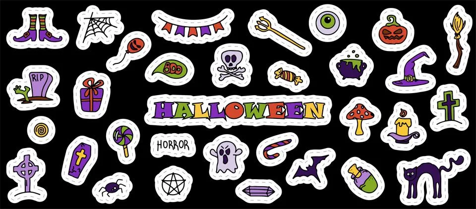 Vector hand drawn Doodle Halloween set Colorful cartoon cliparts, symbols Stock Illustration