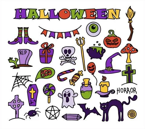 Vector hand drawn Doodle Halloween set Colorful cartoon cliparts, symbols Stock Illustration