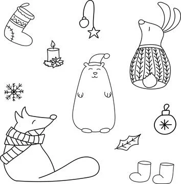 Vector hand drawn doodle. New Year set with forest animals, bear, rabbit, fox Stock Illustration