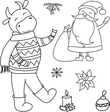 Vector hand drawn doodle. New Year set with Santa Clause, bull, candle, snowf Stock Illustration