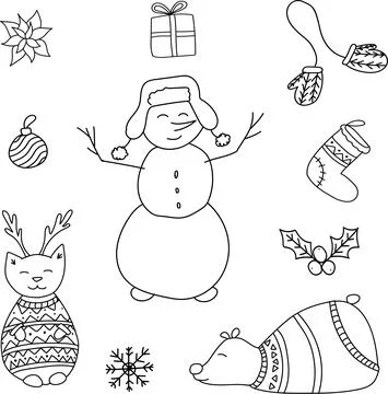 Vector hand drawn doodle. New Year set with snowman, cat deer, Christmas orna Stock Illustration