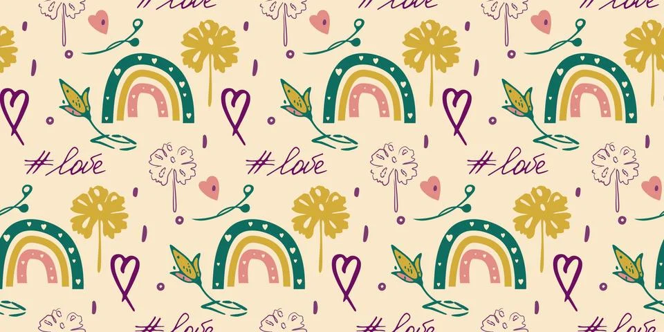 Vector hand drawn doodle seamless pattern, minimalistic boho ink painting style Stock Illustration
