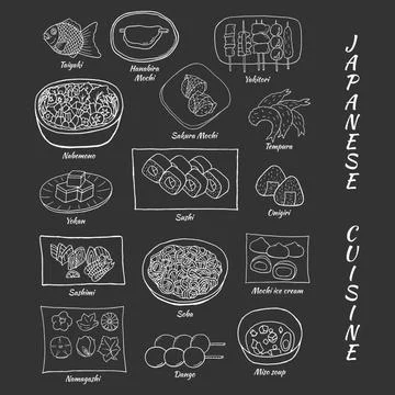 Vector hand drawn doodle set of Japanese cuisine. Design sketch elements for  스톡 일러스트