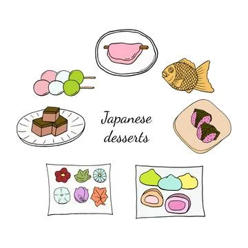 Vector hand drawn doodle set of Japanese desserts. Design sketch elements for Illustrazione stock