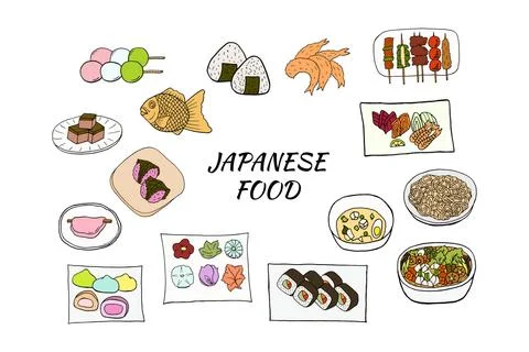 Vector hand drawn doodle set of Japanese food. Design sketch elements for men Illustrazione stock