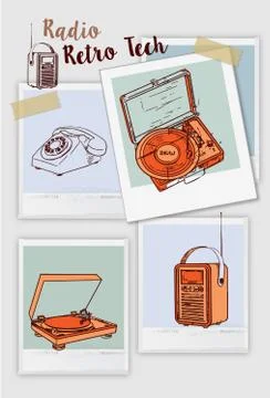 Vector hand drawn Doodle Vintage media gadgets  set of equipment vintage elec Stock Illustration