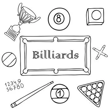 Vector hand drawn doodles with billiards elements on white background Stock Illustration