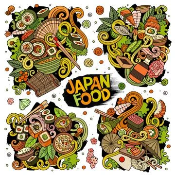 Vector hand drawn doodles cartoon set of Japan food combinations of objects Stock Illustration