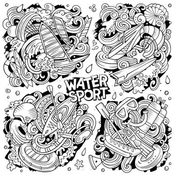 Vector hand drawn doodles cartoon set of Water Summer sport combinations Illustrazione stock