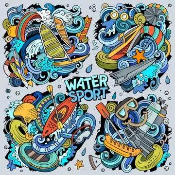Vector hand drawn doodles cartoon set of Water Summer sport combinations Illustrazione stock