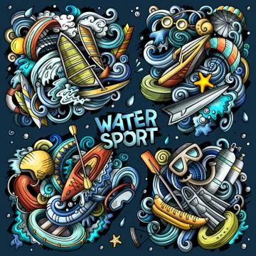 Vector hand drawn doodles cartoon set of Water Summer sport combinations 스톡 일러스트