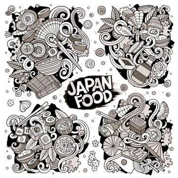 Vector hand drawn doodles cartoon set of Japan food combinations of objects Illustrazione stock