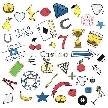 Vector hand drawn doodles with multicolored casino elements on white backgrou Stock Illustration