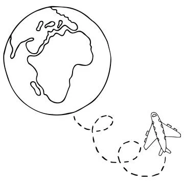 Vector hand drawn Earth and airplane on white background Stock Illustration