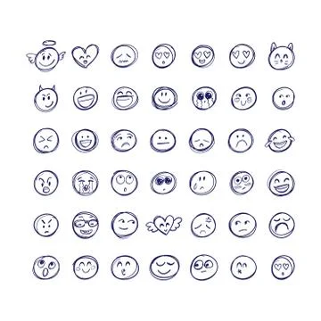 Vector hand drawn Emoji. Black and white design. Line drawing emoji set. Stock Illustration