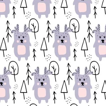 Vector hand-drawn endless pattern with deer. Stock Illustration