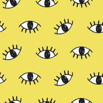 Vector hand drawn eye doodles seamless pattern on yellow background Illustrazione stock