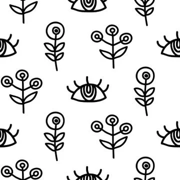 Vector hand drawn eyes and scandinavian plants simple doodles seamless pattern Stock Illustration