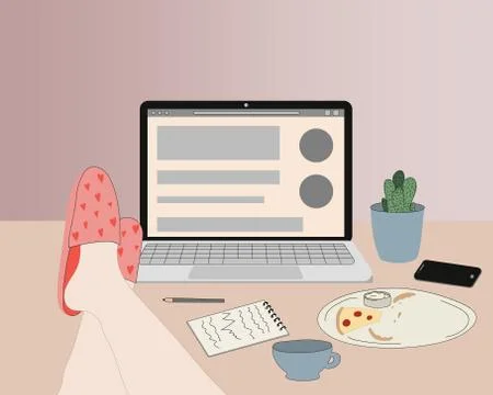 Vector hand drawn flat illustration about working at home. Stock Illustration