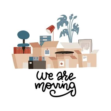 Vector hand drawn flat style illustration of paper boxes with various corporate Stock Illustration