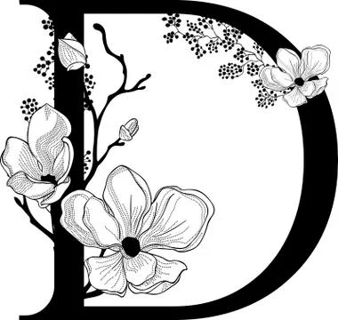 Vector Hand Drawn floral D monogram and logo Stock Illustration