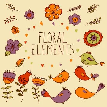Vector hand-drawn floral elements stickers set Stock Illustration