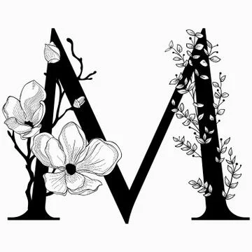 Vector Hand Drawn floral M monogram and logo Stock Illustration